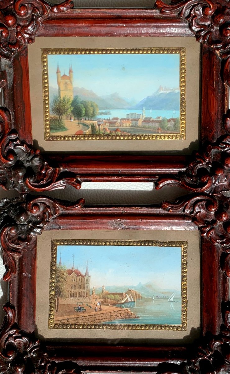 Views Of Vevey, Lake  Leman,switzerland .pair Of Miniatures 8,5x5. Mid-19th Century Era.-photo-5