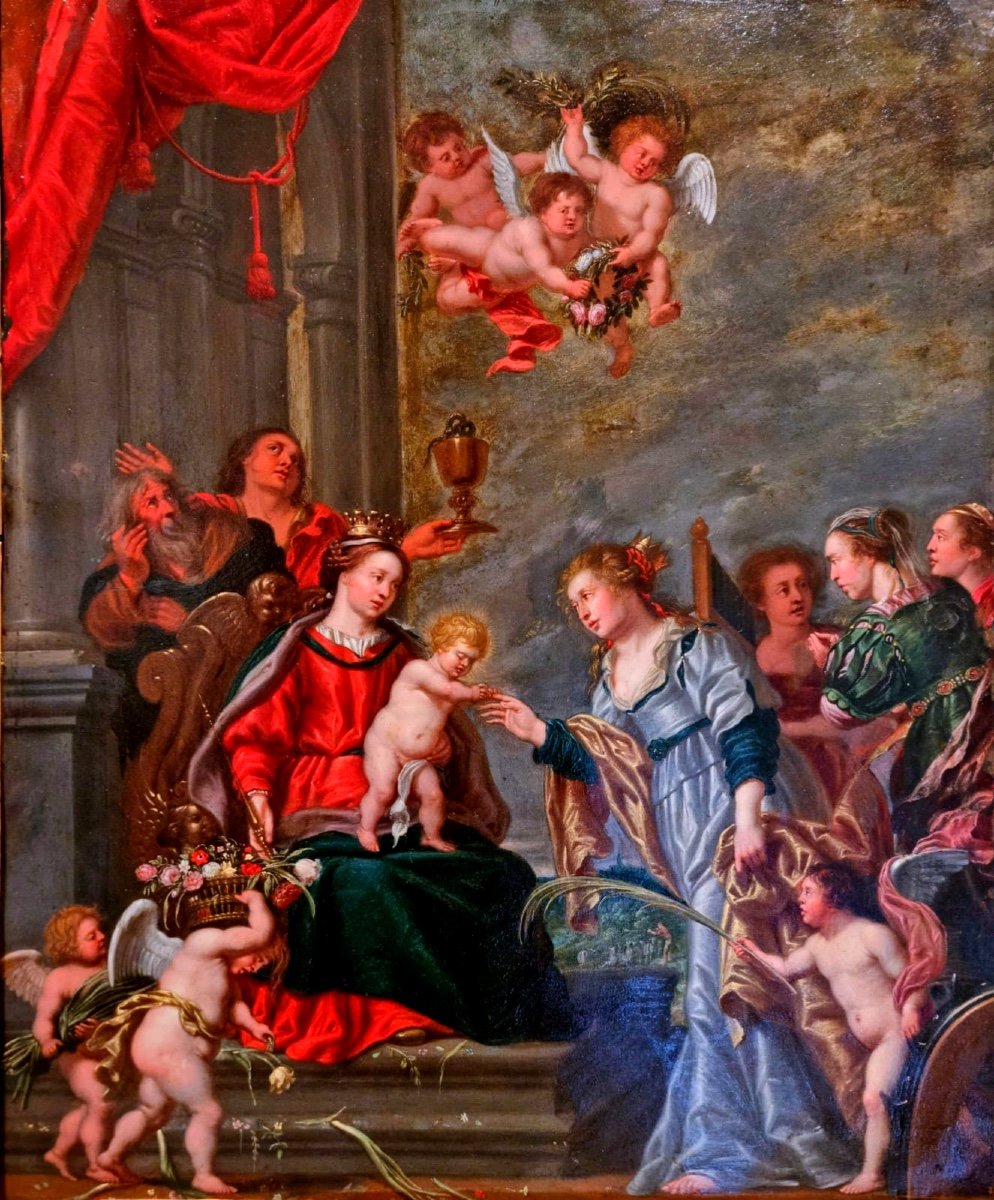 Willem Van Herp(1614-1677)mariage Mystique De Sainte Catherine .huile Cuivre57x44 