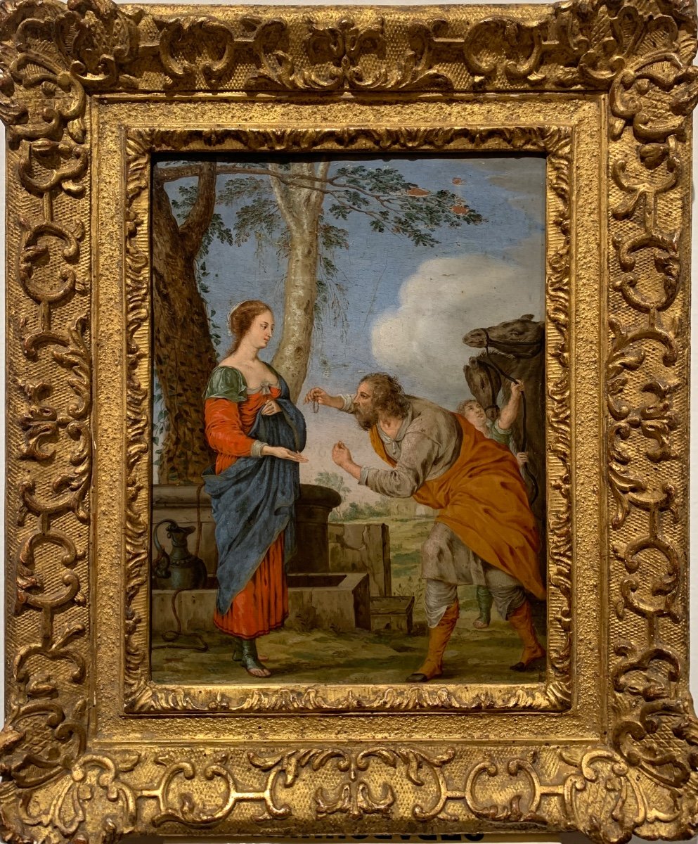 Rebecca Et Eliezer. Huile Sur Cuivre XVII Siècle(21x16) Entourage De Laurent De La Hyre.