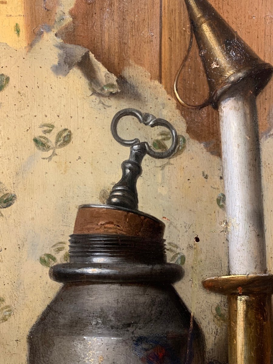 Still Life In Tromphe L’oeil .oil On Panel 42x31. Mid 19th Century -photo-3