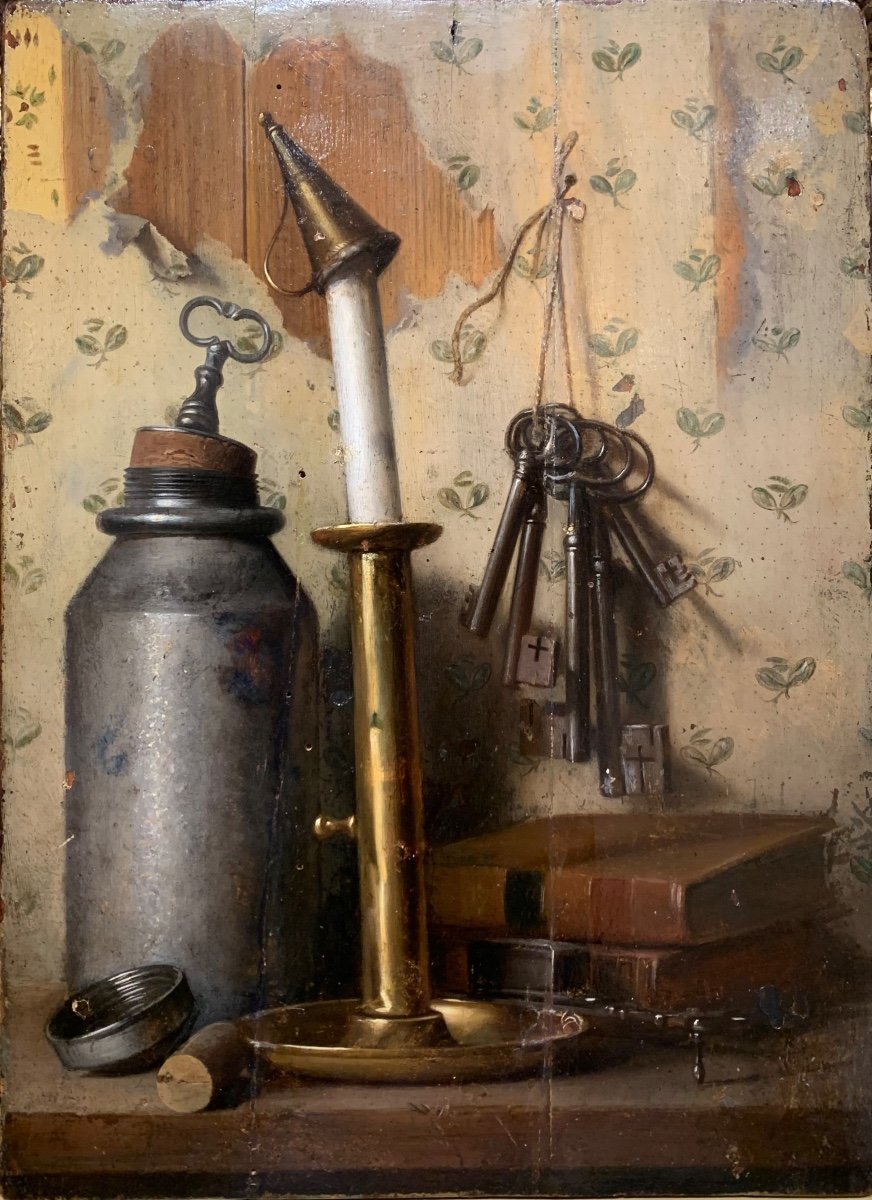 Still Life In Tromphe L’oeil .oil On Panel 42x31. Mid 19th Century 