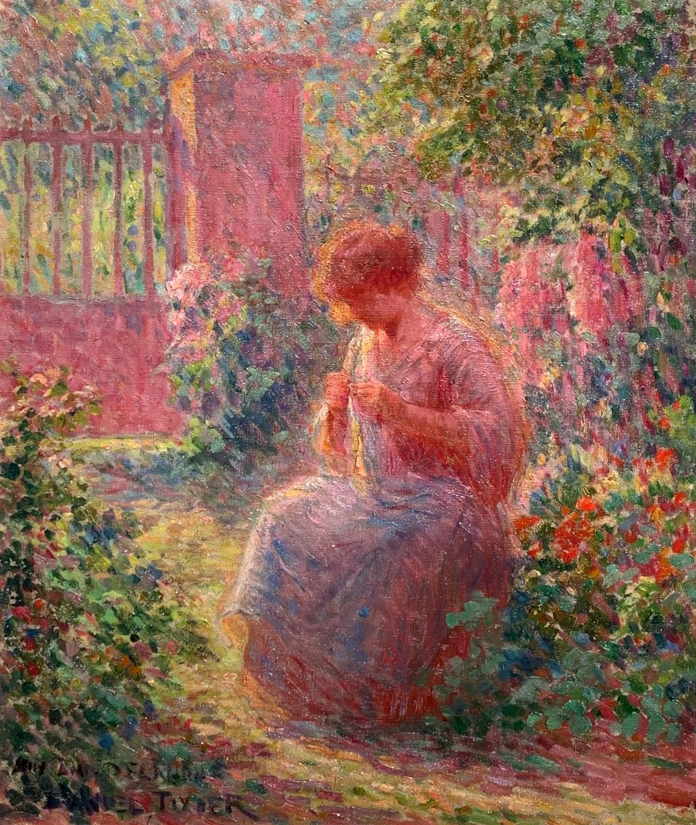 Daniel Tixier 1862-1915,ecole Pointilliste.jeune Fille Dans Le Jardin. Huile Toile 55x46. -photo-2