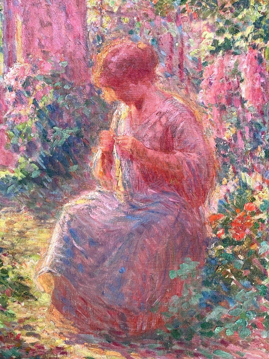 Daniel Tixier 1862-1915,ecole Pointilliste.jeune Fille Dans Le Jardin. Huile Toile 55x46. -photo-4