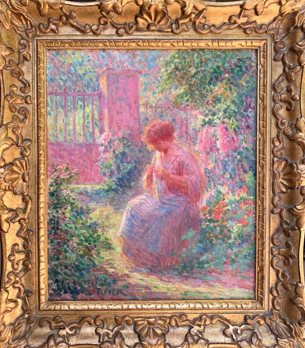 Daniel Tixier 1862-1915,ecole Pointilliste.jeune Fille Dans Le Jardin. Huile Toile 55x46. 