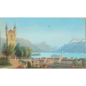 Views Of Vevey, Lake  Leman,switzerland .pair Of Miniatures 8,5x5. Mid-19th Century Era.