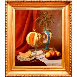 Nature Morte Au Vase De Sevres. Huile Sur Toile 64x54. Signé Leon Brunel-roque(1822-?)