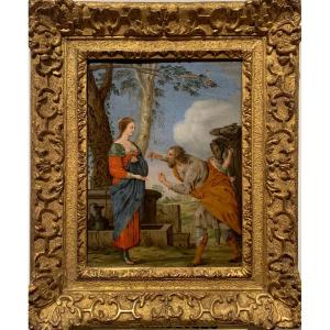 Rebecca Et Eliezer. Huile Sur Cuivre XVII Siècle(21x16) Entourage De Laurent De La Hyre.