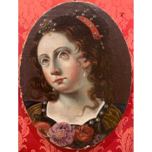 Portrait Oval D’une Sainte.hst 38x29. Fin XVII siecle