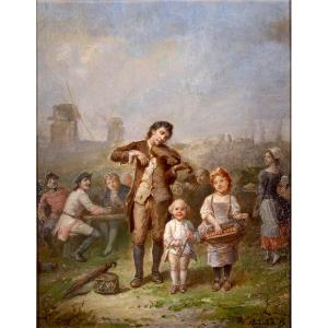 Young Musici And. Oil On Panel 24x19.signed Francois-louis Lanfant De Metz 1814-1892