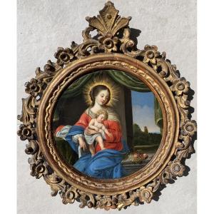 Vierge Et Enfant. Hsp en tondo 25 cm. école Italienne Début XVIII Siècle.