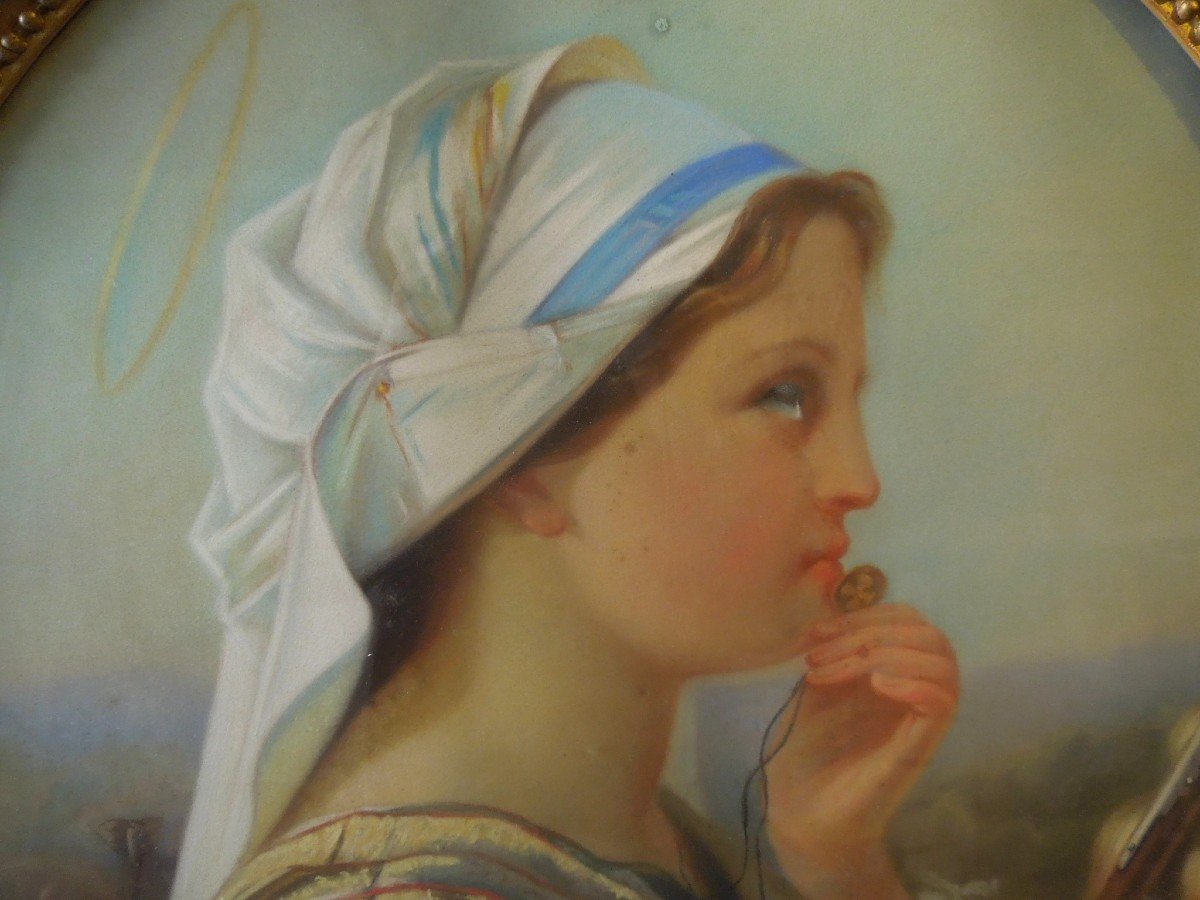 Sainte Marguerite A La Quenouille Pastel French School 19 Eme Siecle-photo-2