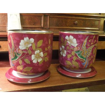 Pair Of Enamelled Porcelain Cache Pots And Its Cups