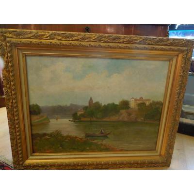 Fisherman In Front Of Ile Barbe In Lyon French School End 19 Eme Signed Fortune Wallon