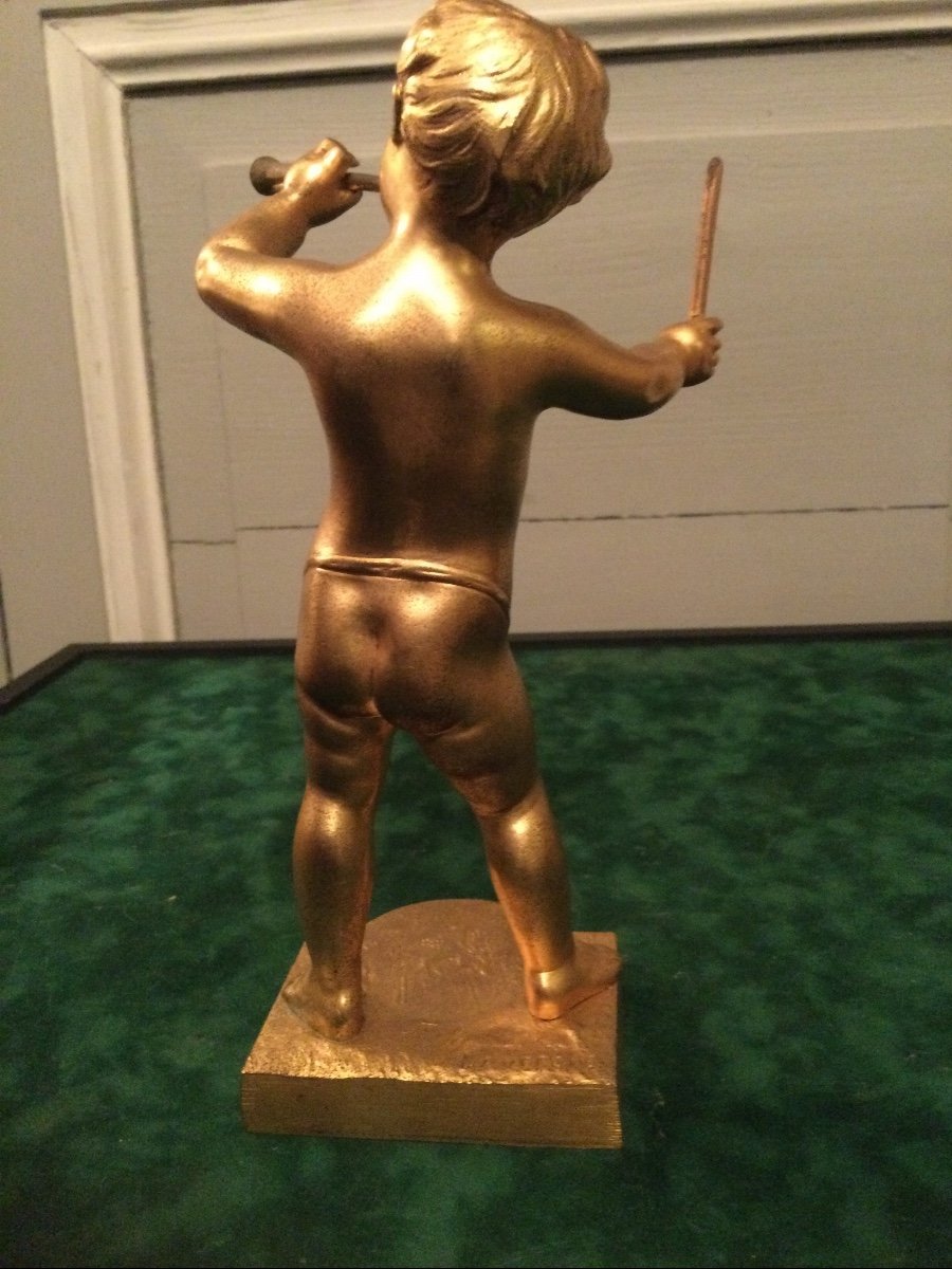 Putti Musician In Gilt Bronze Signed Lavergne-photo-3