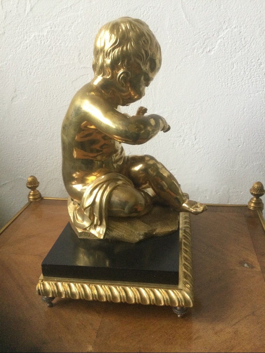 Child Feeding A Bird In Gilt Bronze Nineteenth Time-photo-2