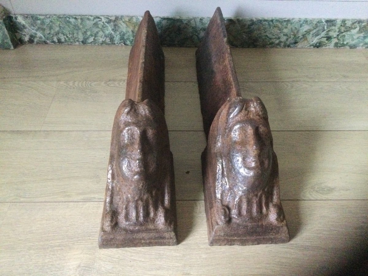 Pair Of Andirons With Sphinxes In Cast Iron Eighteenth Time