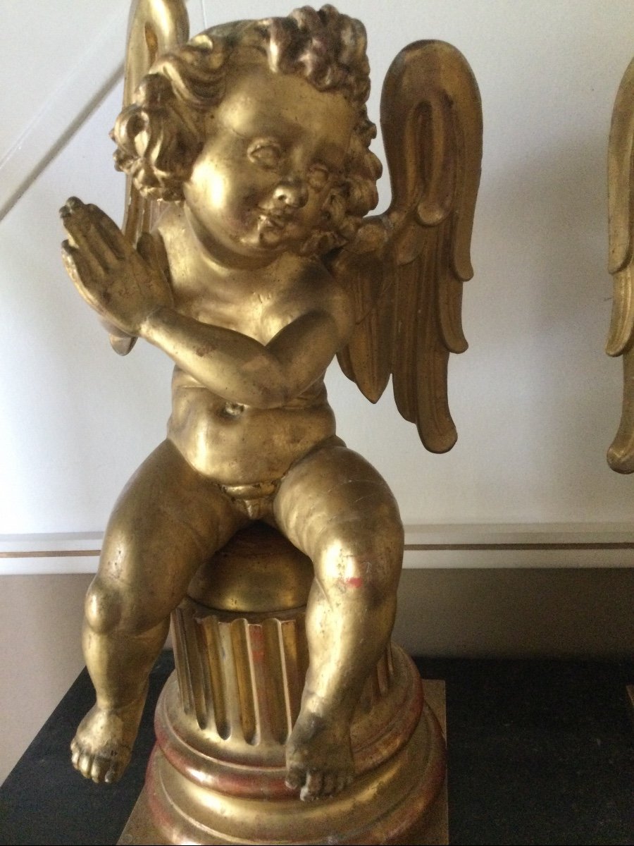 Large Pair Of Cupids In Golden Wood, 18th Century-photo-4