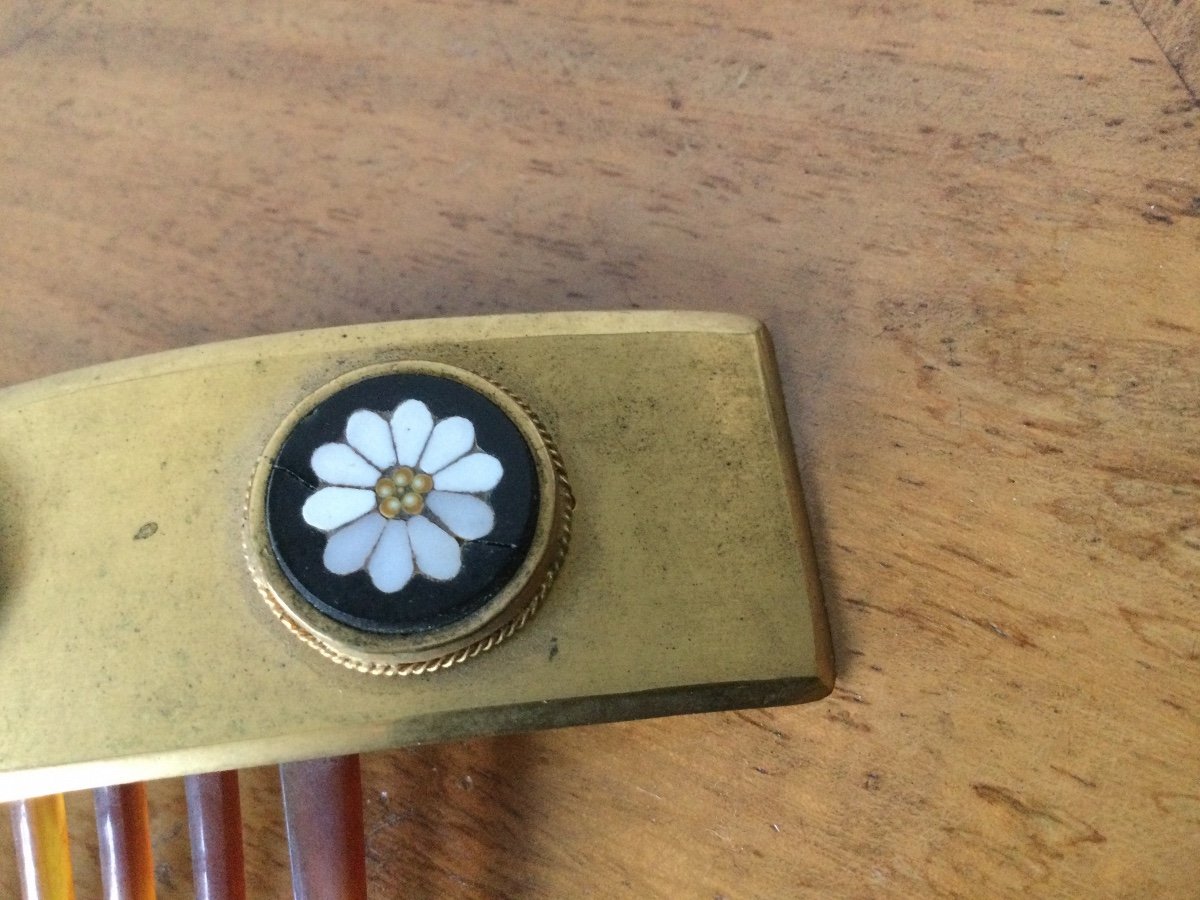 Gilt Bronze Comb Decorated With Three Stone Marquetry Medallions-photo-4