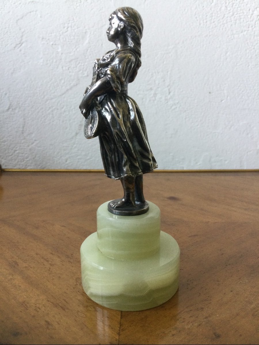 Silver Bronze Young Girl With Mandolin Onyx Base-photo-2