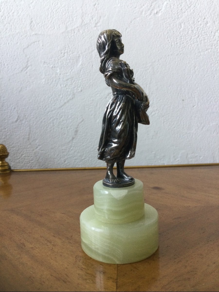 Bronze Argenté Jeune Fille à La Mandoline Socle Onyx -photo-4