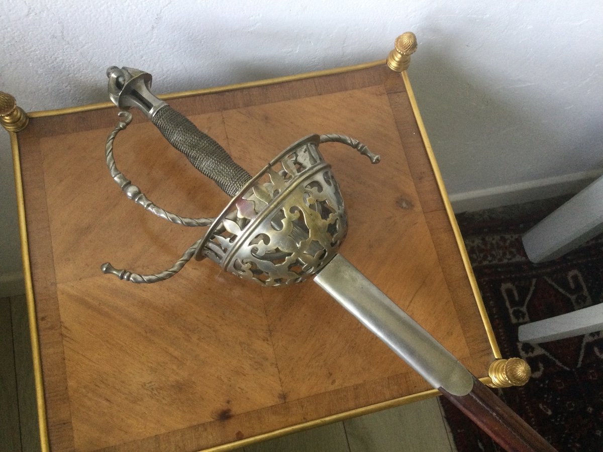 Rapier, Sword Guard In Silver Bronze With Openwork Dec Filigree Handle, Leather Scabbard