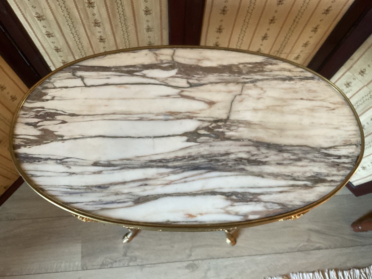 Oval Pedestal Table In Bronze, Mahogany Shafts, Pyrenees Marble Top -photo-3