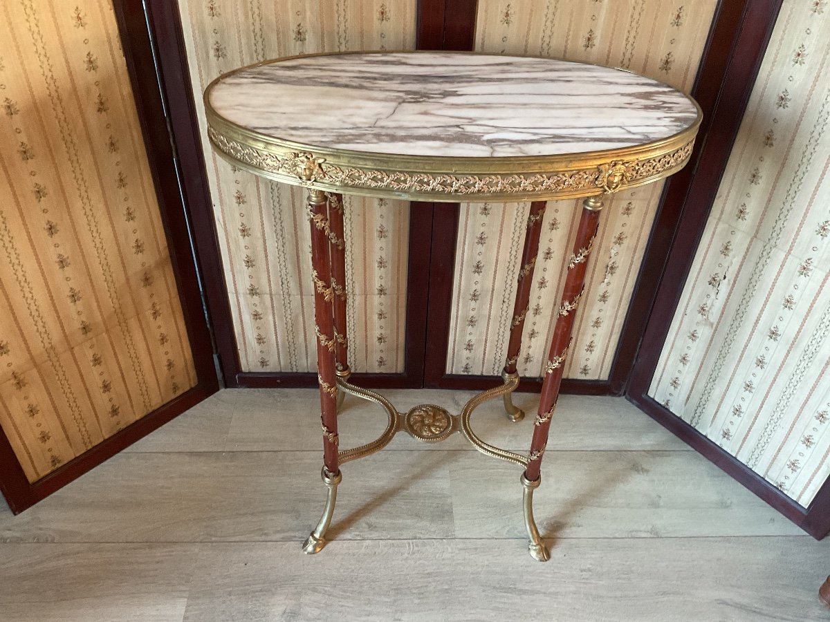 Oval Pedestal Table In Bronze, Mahogany Shafts, Pyrenees Marble Top 