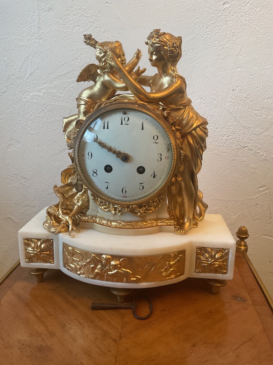 Louis XVI Period Clock In Bronze And White Marble The Return Of Love Signed Caron Fils Paris