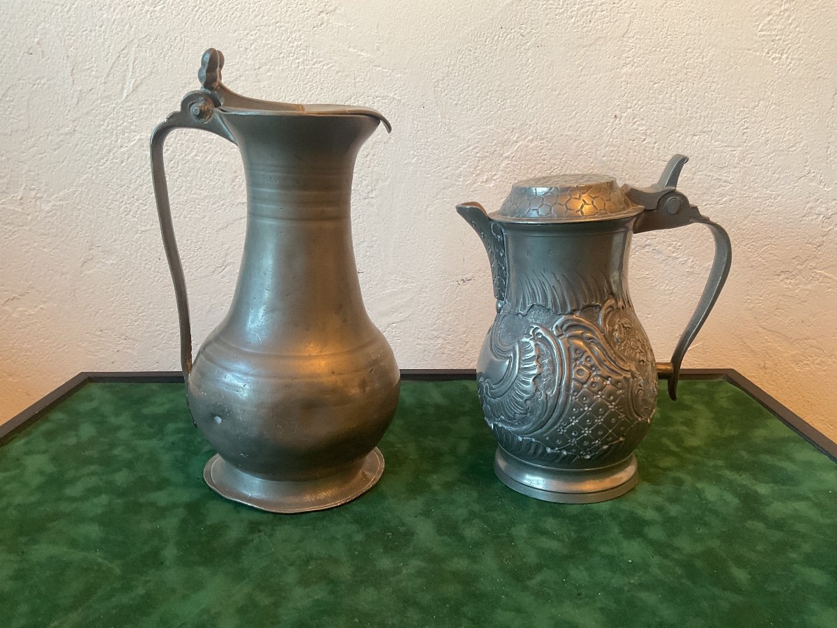 2 18th Century Pewter Pitchers