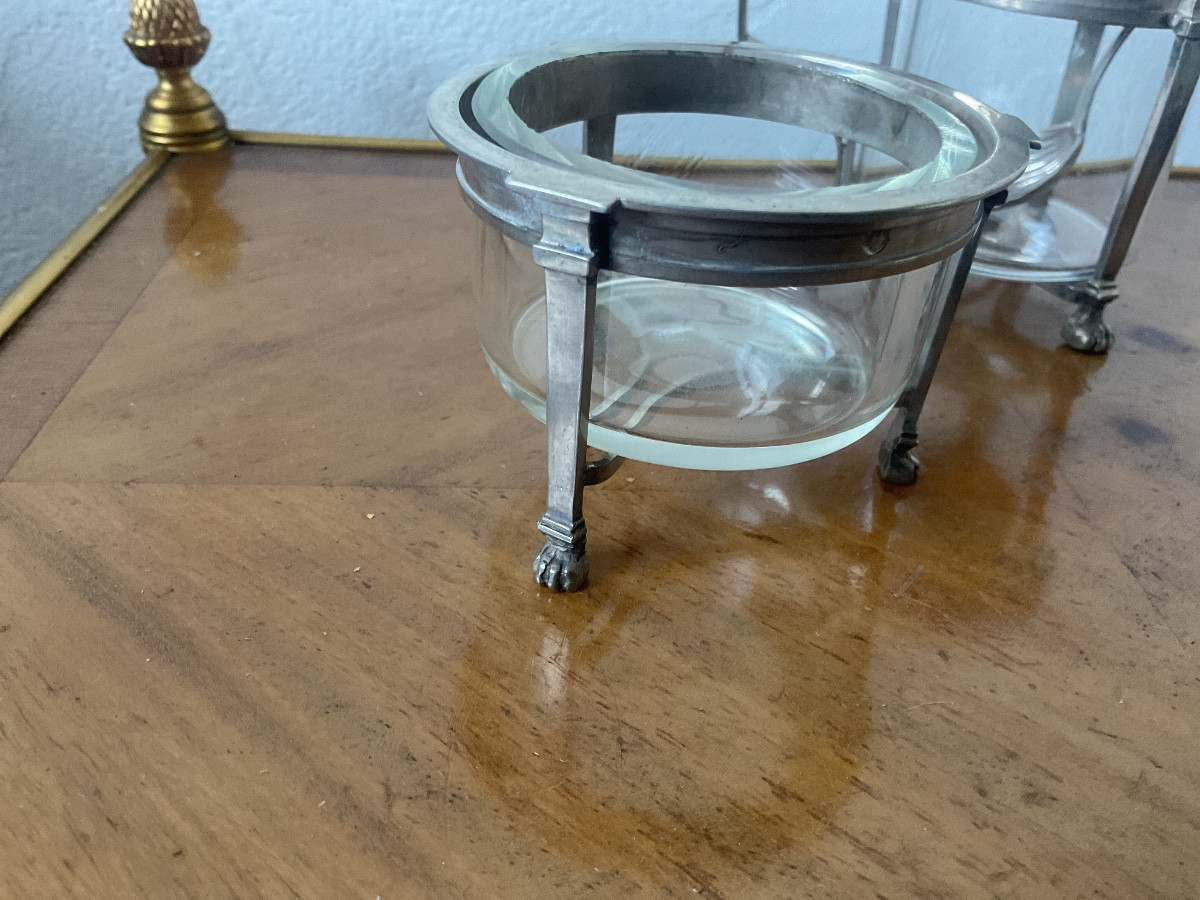 Set Of Two Salt Cellars And Mustard Pot, Silver Frame With Claw Feet, Crystal Receptacles-photo-4