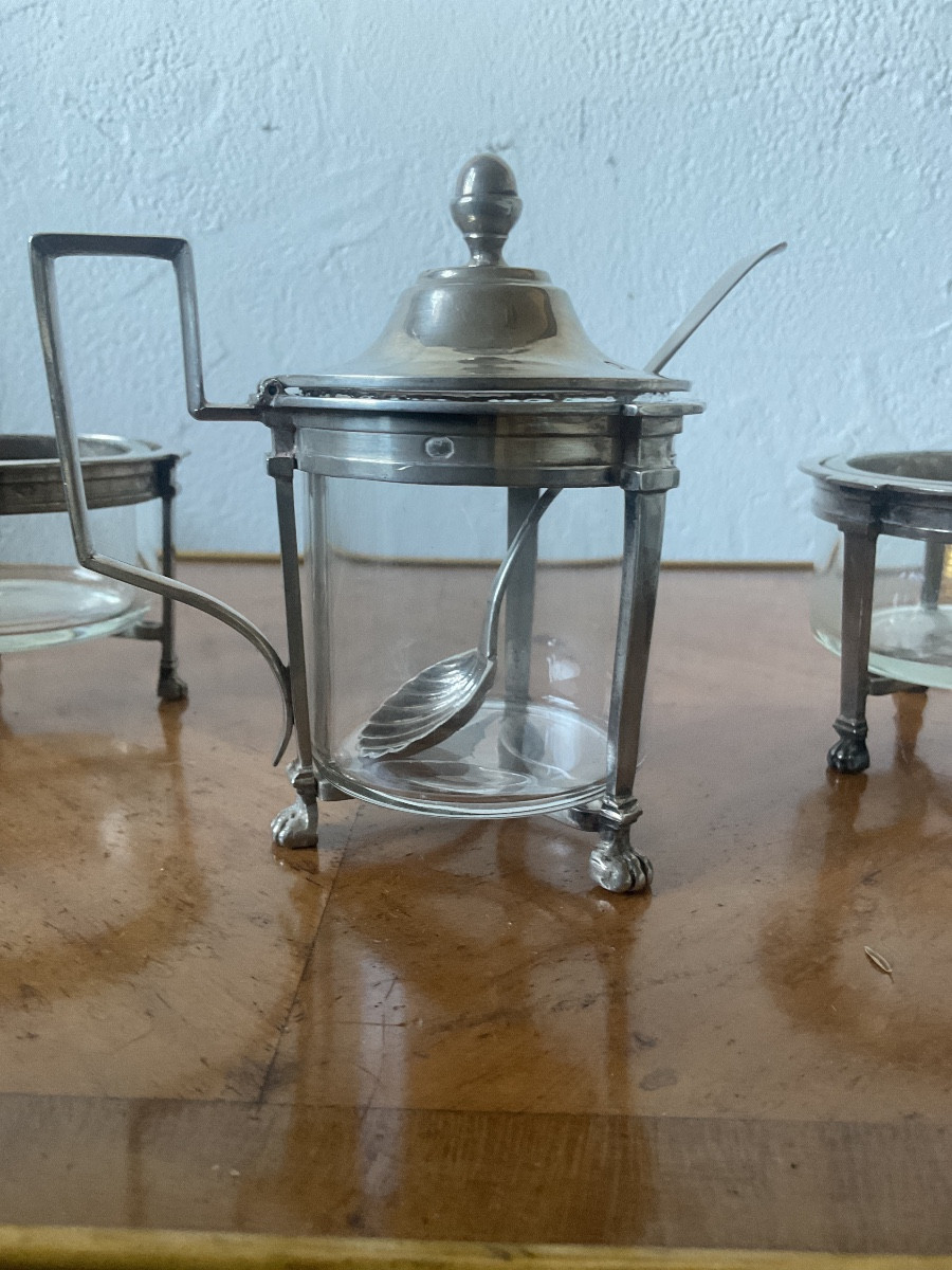 Set Of Two Salt Cellars And Mustard Pot, Silver Frame With Claw Feet, Crystal Receptacles-photo-1