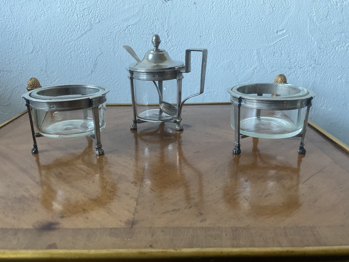 Set Of Two Salt Cellars And Mustard Pot, Silver Frame With Claw Feet, Crystal Receptacles