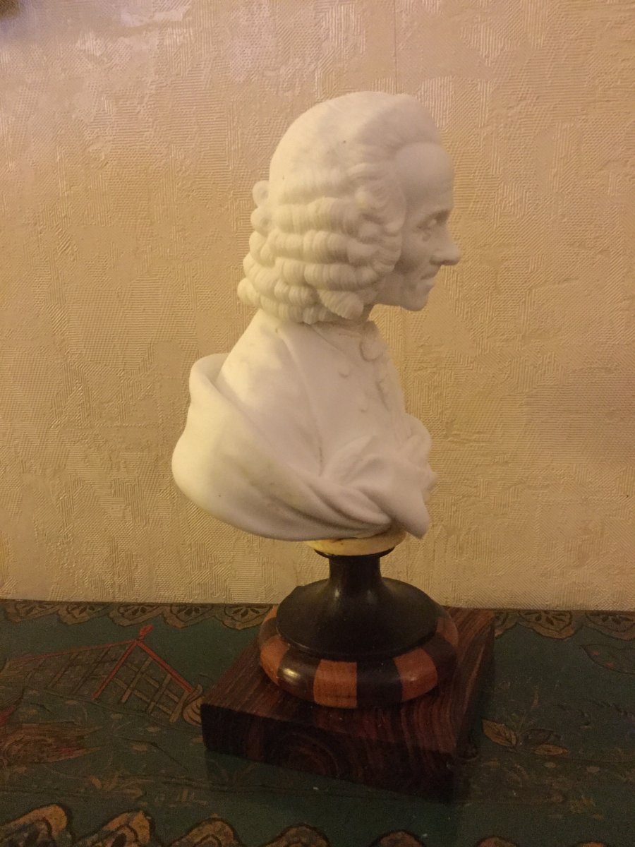 Buste De Voltaire En Biscuit Socle En Palissandre Et Bois Clair époque Début XIXÉme -photo-3