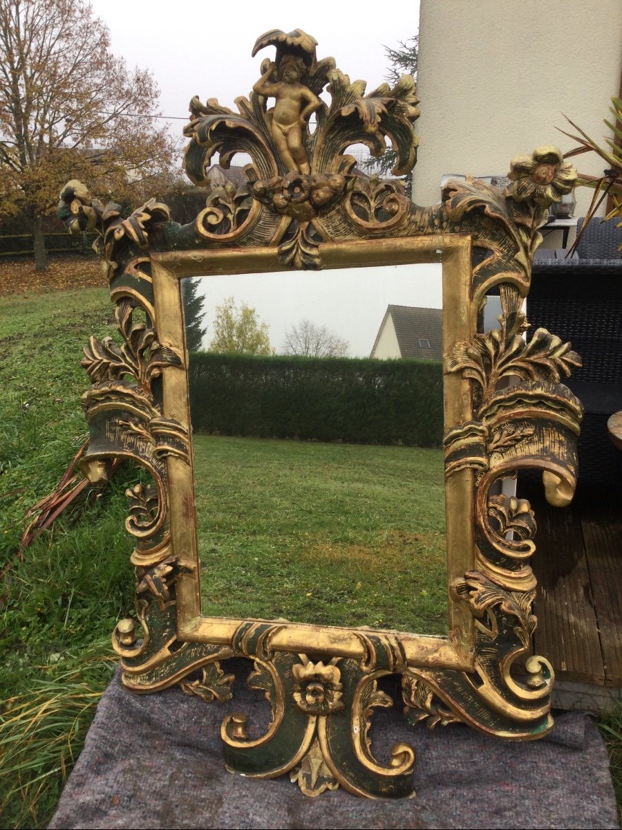 Large Italian Mirror In Carved Golden And Lacquered Wood Eighteenth Time