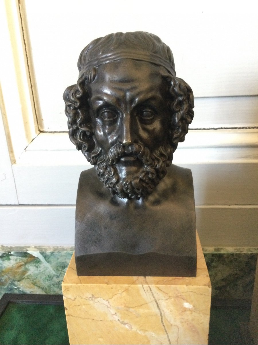 Paire De Buste Des Philosophes Homére Et Aristote En Bronze Patiné -photo-2