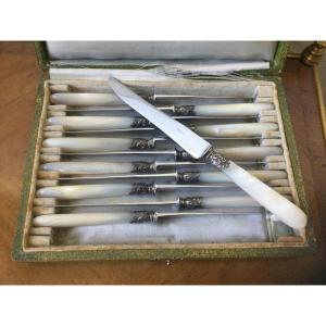 12 Knives In Mother Of Pearl Handles Virolé In Silver Stainless Steel Blades