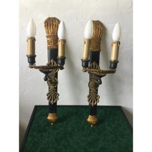 Large Pair Of Gilt And Patinated Bronze Sconces Height 51.5 Cm