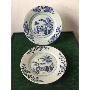 Pair Of White Blue China Plates