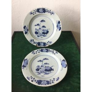 Pair Of White Blue China Porcelain Plates