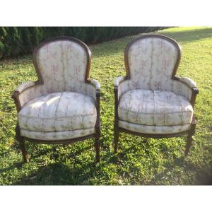 Large And Wide Pair Of Bergeres With Cushions In Walnut Louis XVI Period
