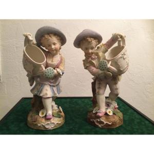 Pair Of Large Polychrome Biscuits Gardeners Children