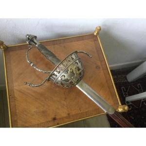 Rapier, Sword Guard In Silver Bronze With Openwork Dec Filigree Handle, Leather Scabbard