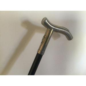 Walking Cane Blackened Wooden Shaft Silver Metal Handle 