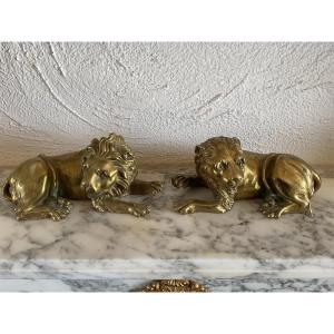 Couple Lion Lionne En Bronze Doré Du XIXéme