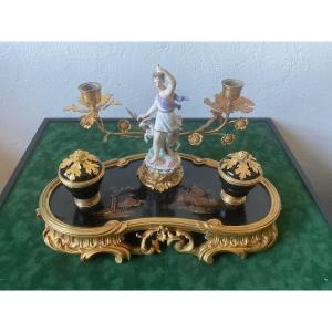 Rich Lacquer Inkwell Mounted In Gilt Bronze And Porcelain Diane Chasseresse 