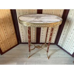 Oval Pedestal Table In Bronze, Mahogany Shafts, Pyrenees Marble Top 