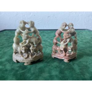 Pair Of Nephrite Groups Representing The Monkeys Of Wisdom 