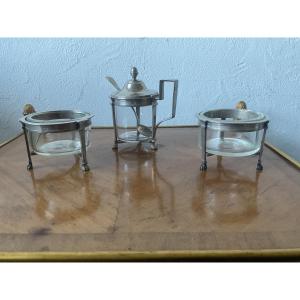 Set Of Two Salt Cellars And Mustard Pot, Silver Frame With Claw Feet, Crystal Receptacles