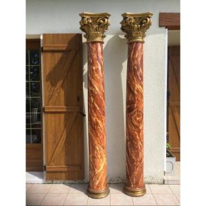 Grande Paire De Colonnes En Bois à Chapiteau Corinthiens Hauteur 2,46 M