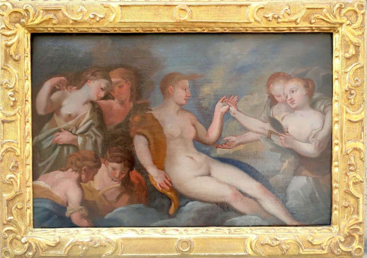  La Toilette De Vénus. Oeuvre Sur Bois Avec Cadre Vénitien D’origine -Pietro Liberi Cm.29x45